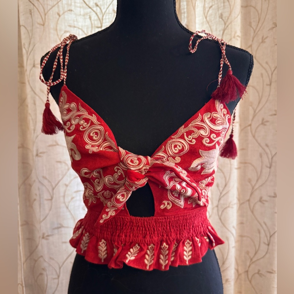 Alice + Olivia Red Embroidered Tie-Top